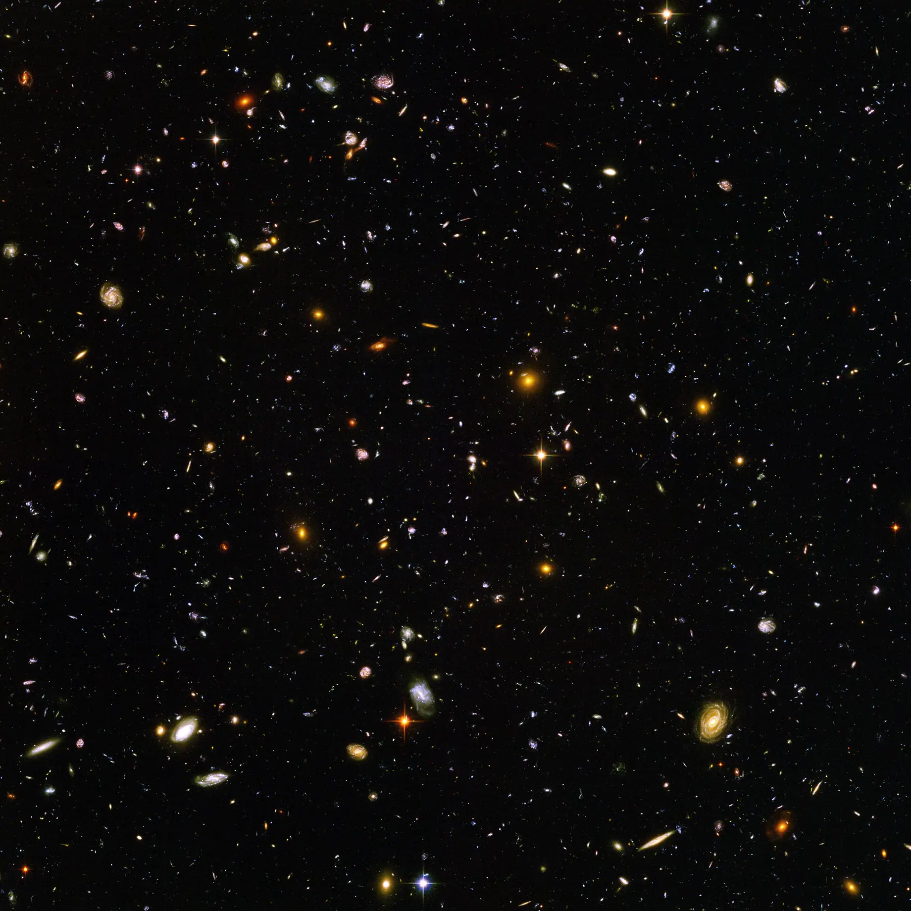 The Hubble Ultra Deep Field, thousands of galaxies of every shape and age in a tiny patch of sky