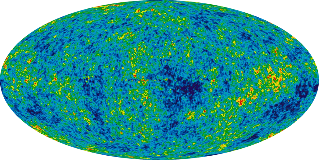 All-sky map of the cosmic microwave background from NASA's WMAP mission, showing tiny temperature fluctuations that seeded cosmic structure